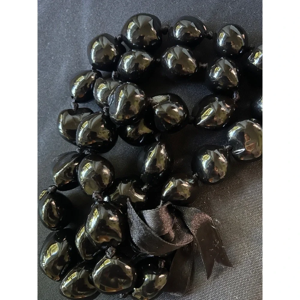 Kukui Nut Lei Necklace Black Polished Ribbon Tie Island Lightweight‎ Hawaiian